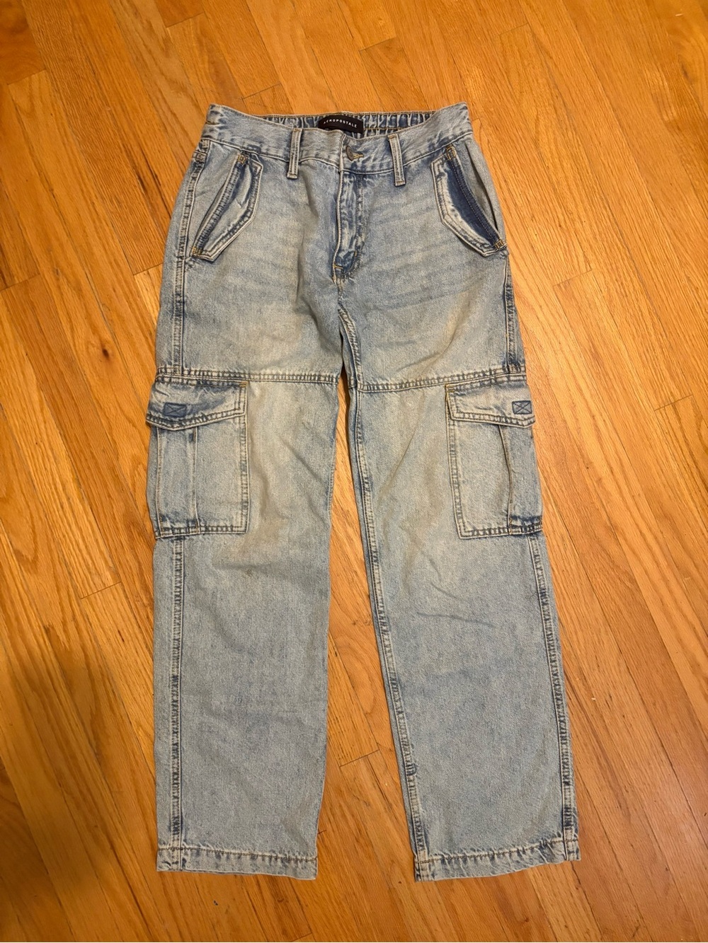 Aeropostale Low Rise Cargo Jeans Size S Light Acid Wash Y2K Style 100% Cotton